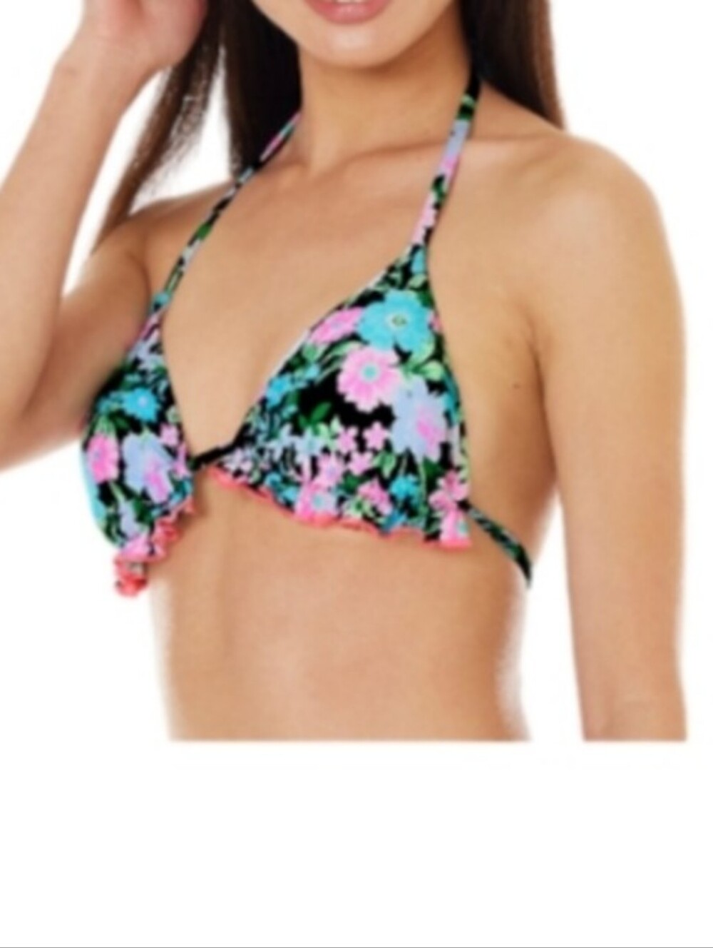 Celebrity Pink Floral Ruffled Triangle Bikini Swimsuit Top Removable Pads XXL